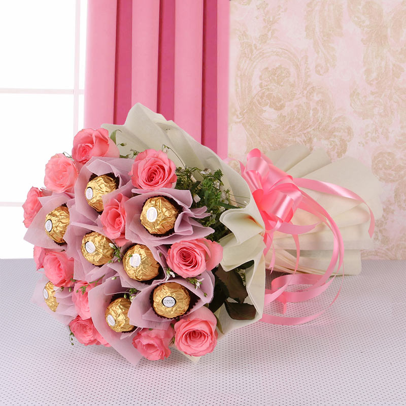 Ferrero Rocher Pink Roses Silver Butterfly Chocolate Bouquet Any Ocassion -   Israel