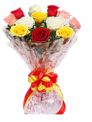 mix coloured roses bunch in cellophane packing