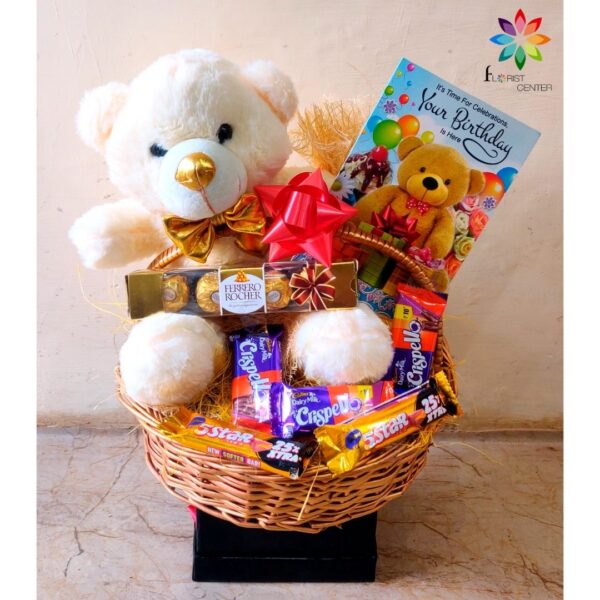 birthday hamper with teddy, chocolates and birthday card