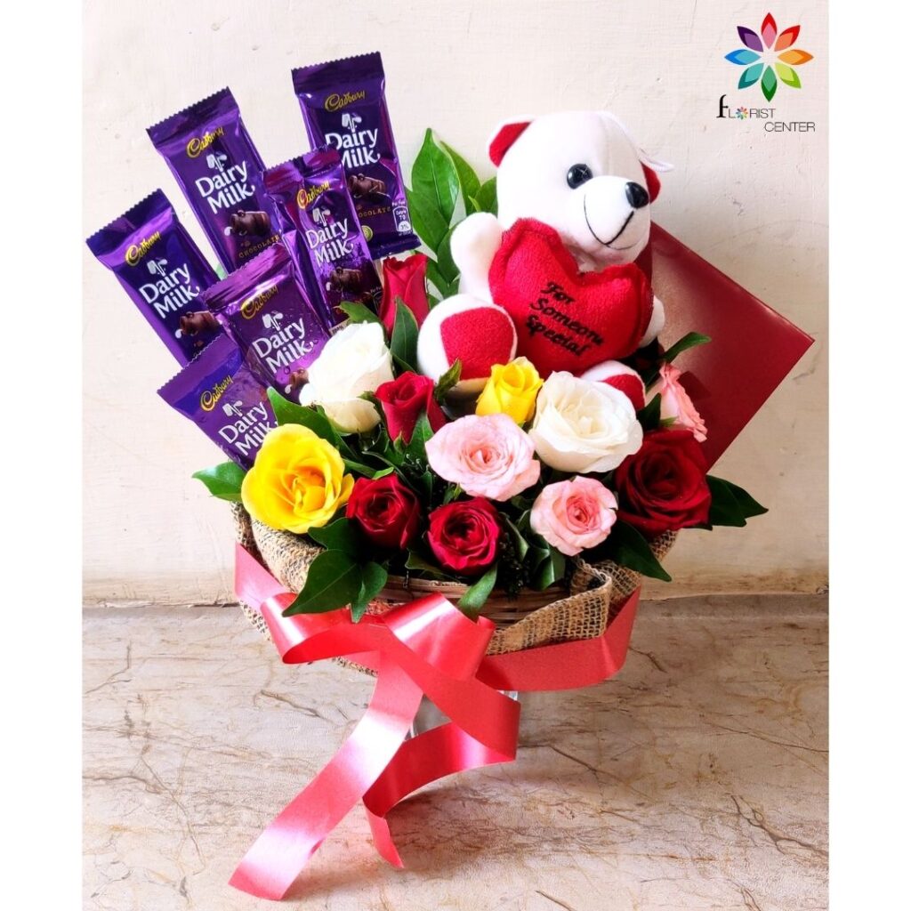cute teddy with rose and chocolates