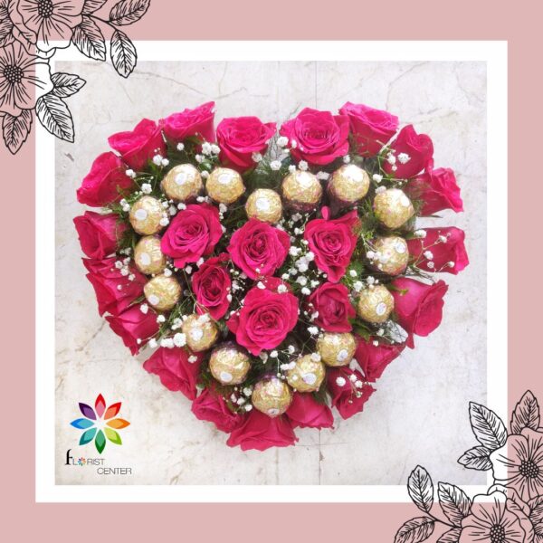 heart shaped bouquet with roses and chocolates