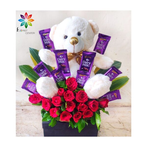 Teddy with rose and chocolates arrangement