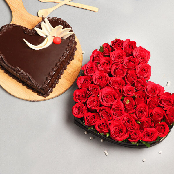 heart shaped bouquet with chocolate truffle cake