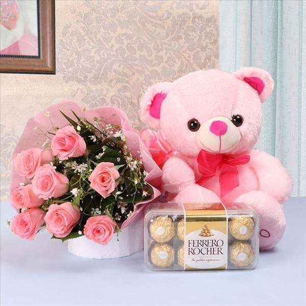 pink roses bouquet with teddy and chocolates