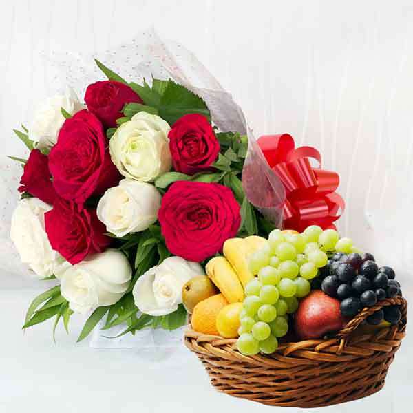 fruit basket with roses bouquet