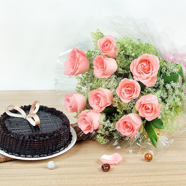 pink rose bouquet with chocolate truffle cake