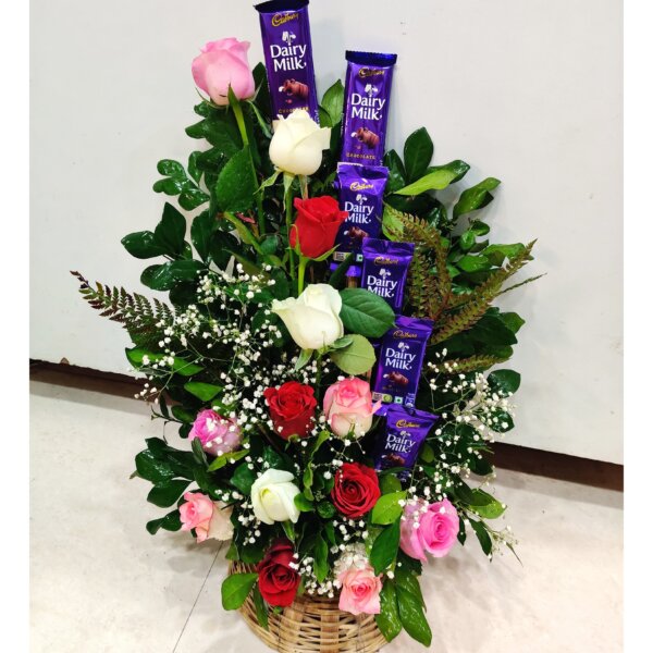 Basket Of Roses With Chocolates